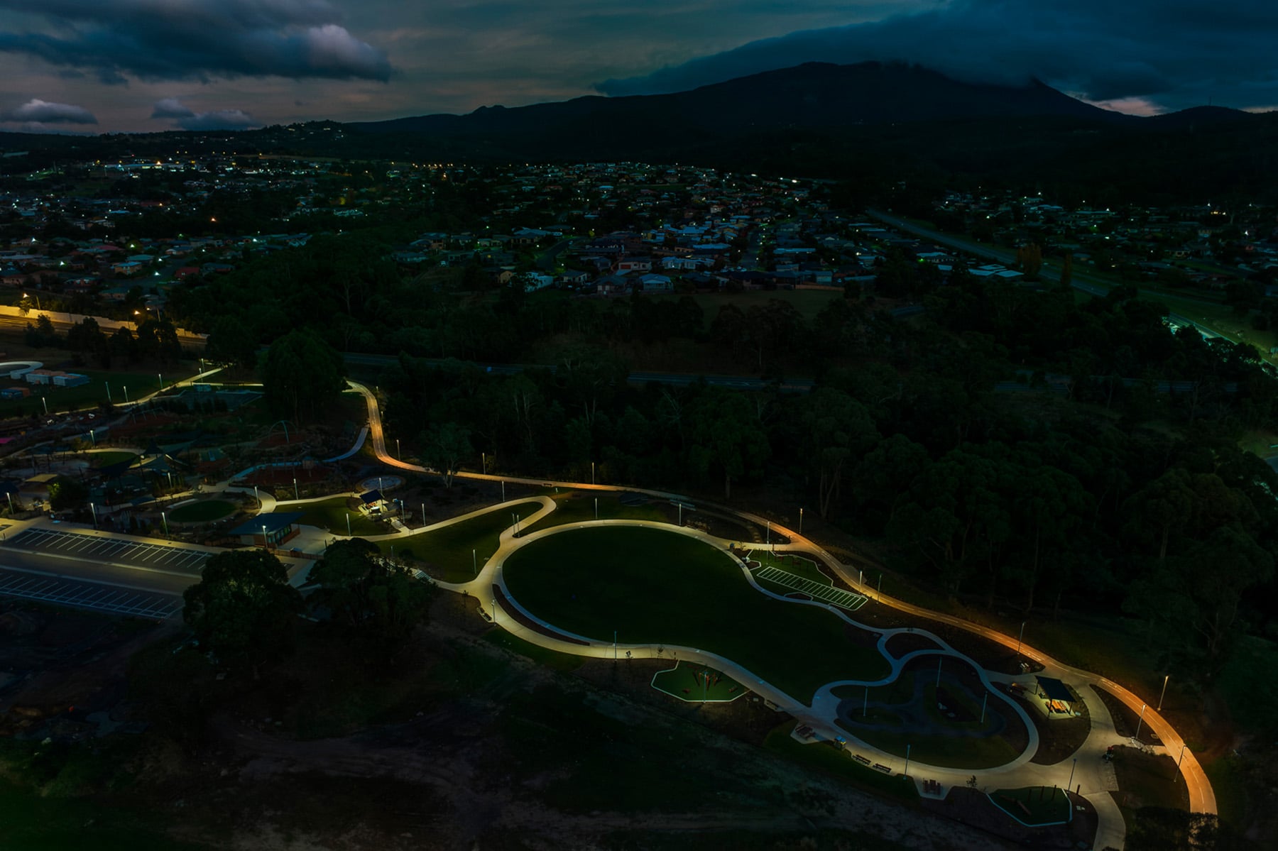 Aerial view of WE-EF lighting at Kingston Parklands using wild-light optics to reduce light spill and enhance parkway safety.