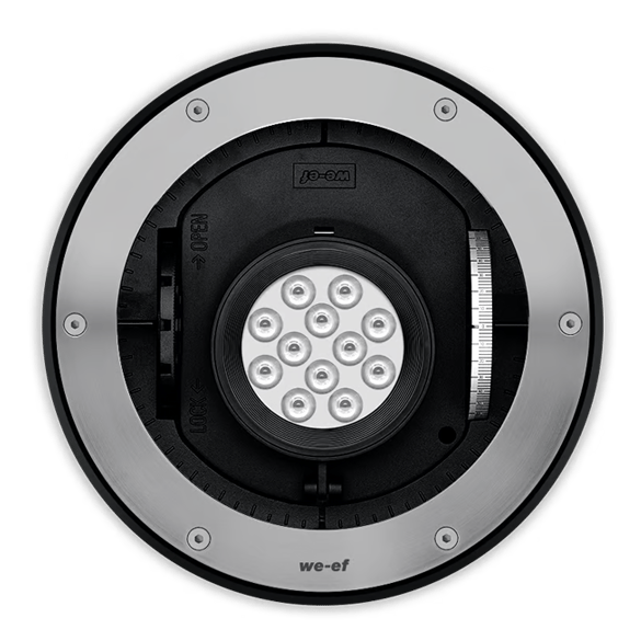 RGBW Colour Changer. IP67. Class I. IK10+. Stainless steel construction including PCS hardware. Safety glass lens, max. load 5 tonnes. Luminaire can be driven over at low speed. Silicone rubber gasket. Anti-wick technology, equipped with a cable gland and 0.5 meters of flexible, PVC-free cable. 

Integral EC electronic converter. Advanced thermal management protects LEDs while optimising lumens output. Removable LED boards for upgrading. CAD-optimised optics for superior illumination and glare control. OLC® One LED Concept. 20° tiltable and 355° rotatable. LED circuit board with WE-EF Colour Boost Technology. DMX Interface. For other control interface options to suit specific project requirements, contact WE-EF.

Luminaire installation blockout and sealable junction box included in supply.