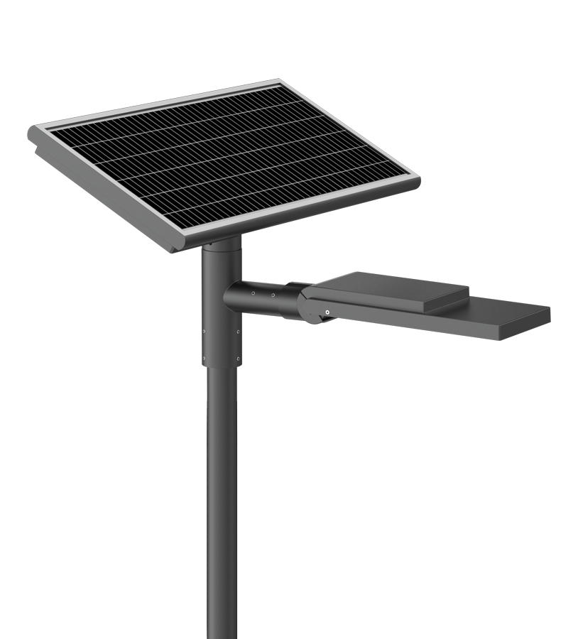WE-EF pole luminaire with integrated solar panel on a white background, illustrating a self-sufficient solar solution.