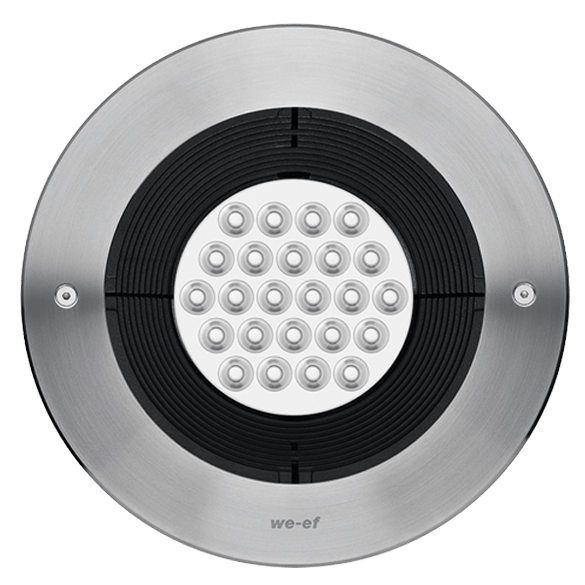 Tunable white. IP69. IK10+. Stainless steel construction including PCS hardware. Safety glass lens; max. load 5 tonnes. Luminaire can be driven over at low speed. Silicone rubber gasket. Anti-wick technology, equipped with a cable gland and 0.5 meters of flexible, PVC-free cable. 

Integral EC electronic converter. Advanced thermal management protects LEDs while optimising lumens output. Removable LED boards for upgrading. CAD-optimised optics for superior illumination and glare control. OLC® One LED Concept. LED circuit board with Tunable White Technology. DALI Interface. For other control interface options to suit specific project requirements, contact WE-EF. 

Luminaire installation blockout and sealable junction box included in supply.