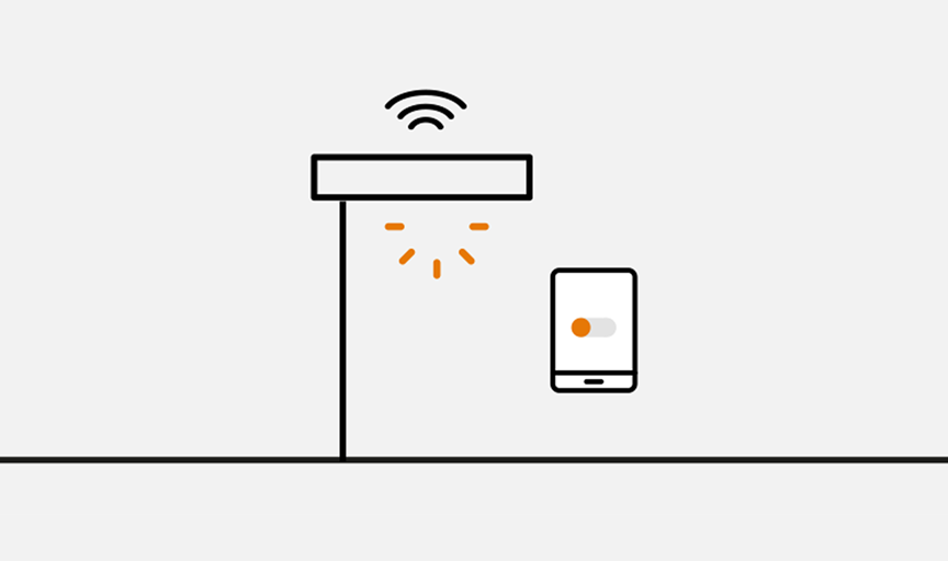 Icon showing a street luminaire with light beams and a toggle switch, symbolizing user interaction and control over the Eco Step Dim® Motion system via included dongle or apps for on-site configuration and adjustment.