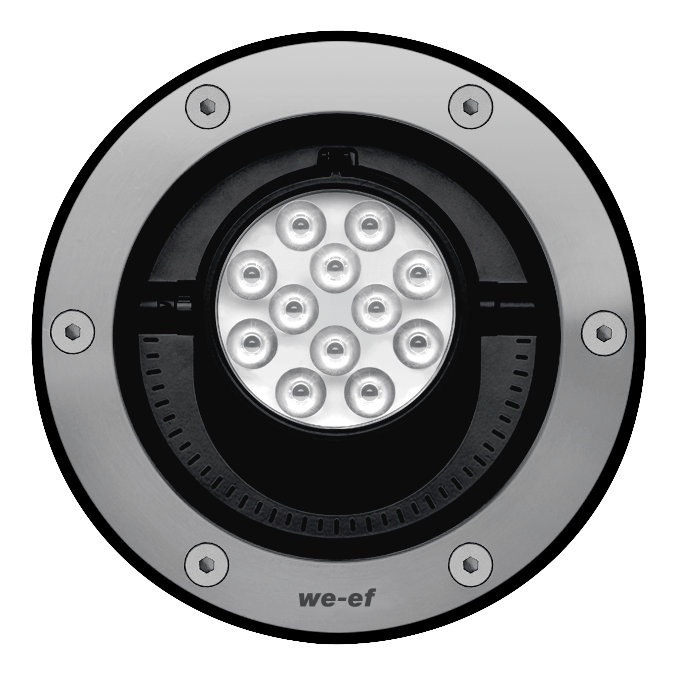 IP69K.  Class I.  IK10+.  Stainless steel construction.  PCS hardware.  Optional with Anti-Slip ceramic Coating ASC to DIN 51130 (Trip Classification 10) available on request.  Silicone CCG® Controlled Compression Gasket.  Safety glass lens; max load 5.5 tons (11,000 lbs).  Luminaire can be driven over at low speed.  Factory-sealed termination chamber complete with cable gland and 3 ft of flexible PVC-free, gel-impregnated anti-wicking cable.  CAD-optimized optics for superior illumination and glare control.  Integral driver in thermally separated compartment.  OLC® One LED Concept.  Factory-installed LED circuit board.  Gimbal mounted, 360° rotatable and 30° tiltable.  'No tool' removable gear/lens tray.  

The concrete-pour installation blockout is supplied as standard with luminaire.  

Specify product with 7 Digit product code – Finish Color.  Accessories, such as mounting, optical, and electrical, must be specified separately.  
Example: XXX-XXXX-9004 (Black)  
+ XXX-XXXX (Accessory 1)