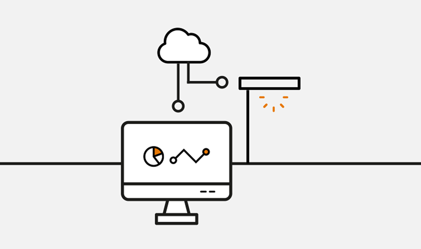 Icon showing a street luminaire connected to a cloud and a computer dashboard, representing an internet gateway with remote configuration, smart-city networking, data monitoring, and operator control via a digital dashboard.
