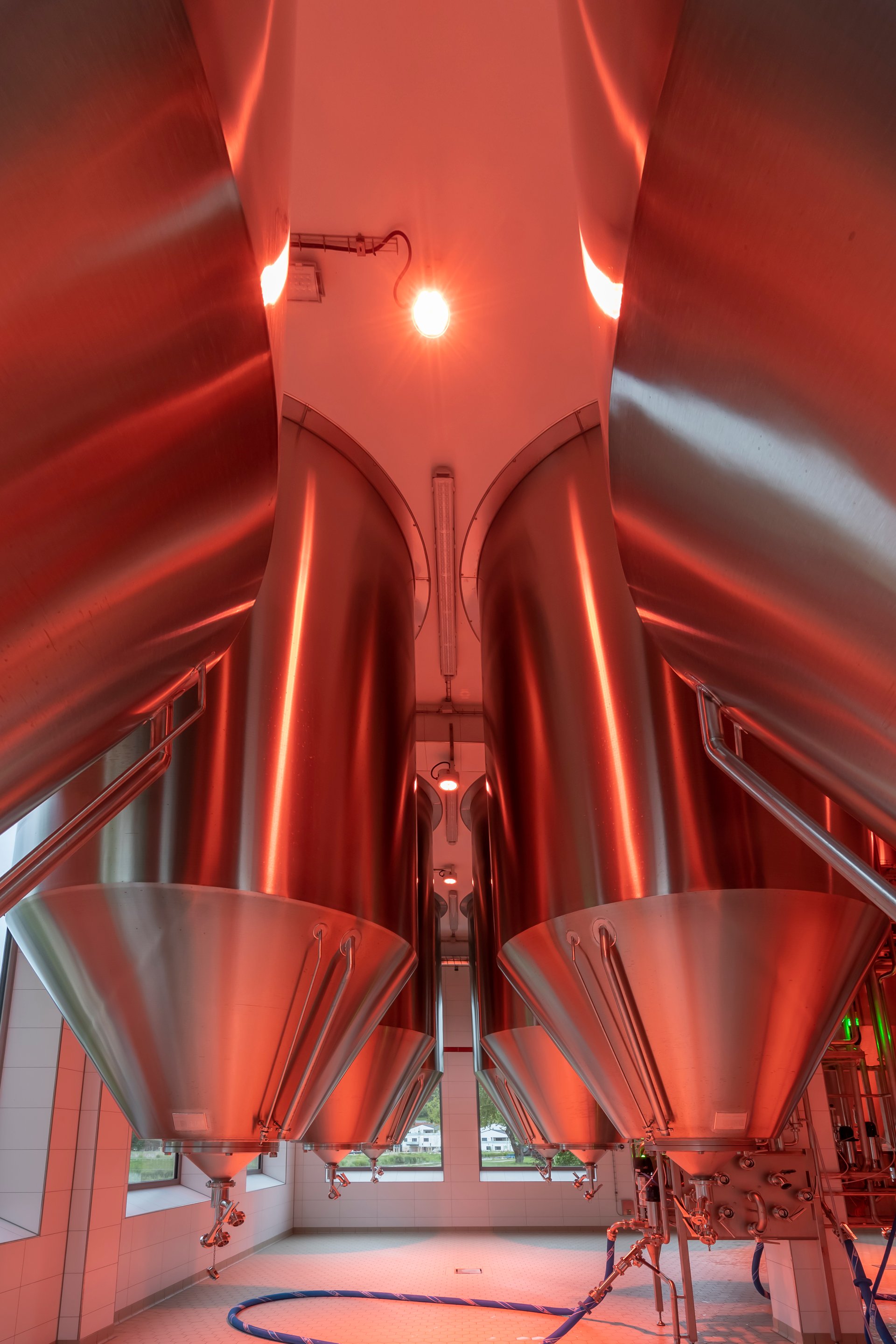 Dramatic upward view of Schattenhofer Brewery's towering stainless-steel fermentation tanks bathed in warm coral-red light from WE-EF FLC220-CC RGBW projectors, complex piping and ventilation infrastructure highlighted against white ceiling, demonstrating highly saturated color capability and dynamic lighting scenarios controlled at touch of button via DMX panel in anteroom, completed 2020 by Engineers Bamberger and Elektro Kraus
