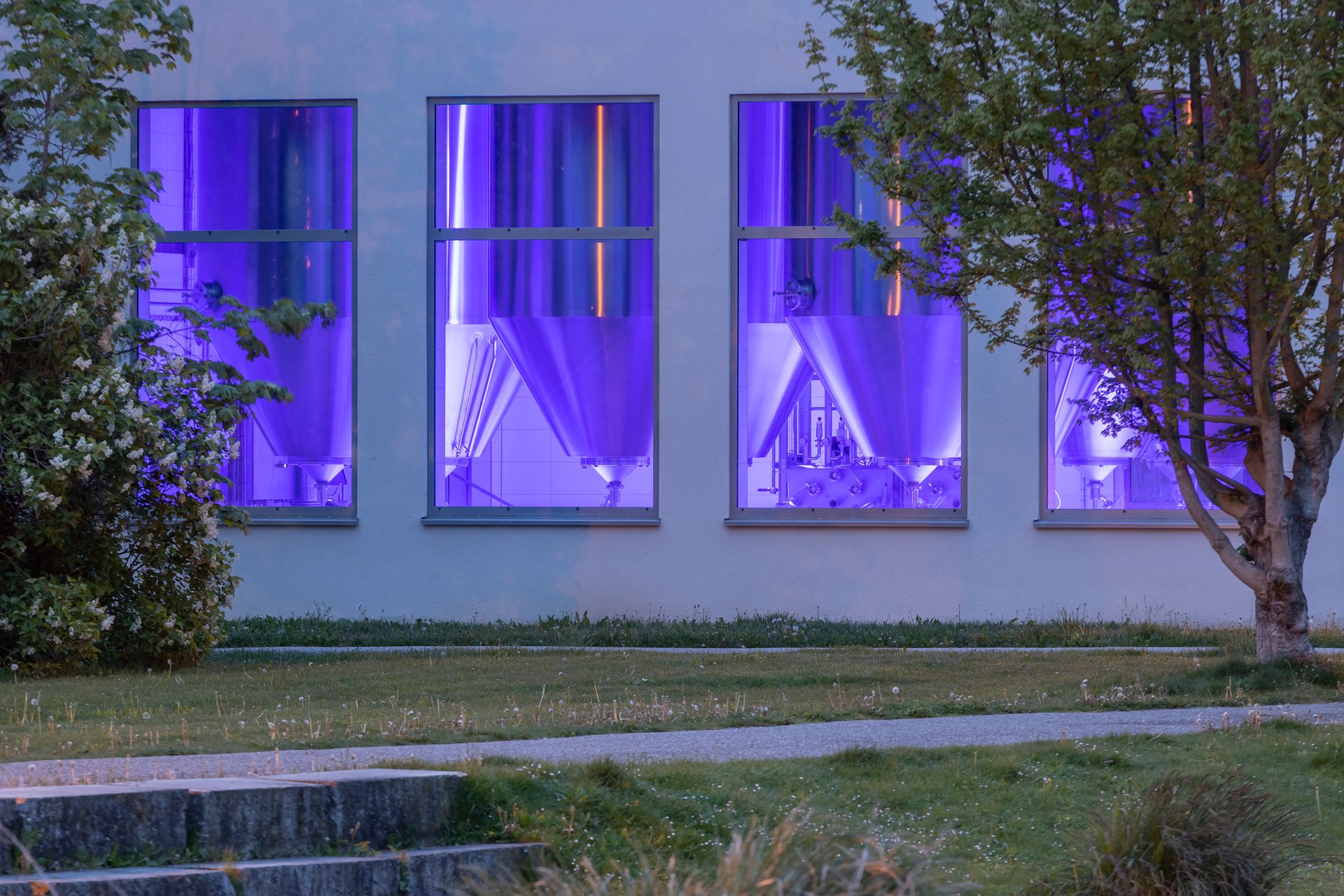 Exterior view of Schattenhofer Brewery showing color-changing capability with purple-violet lighting scheme from WE-EF FLC220-CC projectors with IP66 splashproof housing meeting hygiene requirements for beer production facility, demonstrating pre-programmed lighting scenarios and dynamic color progressions activated via DMX interface adding emotional dimension to technical character of state-of-the-art brewing technology
